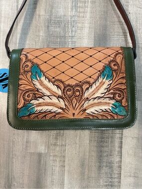 Hand-Tooled Leather Blue Duck Side Crossbody Bag